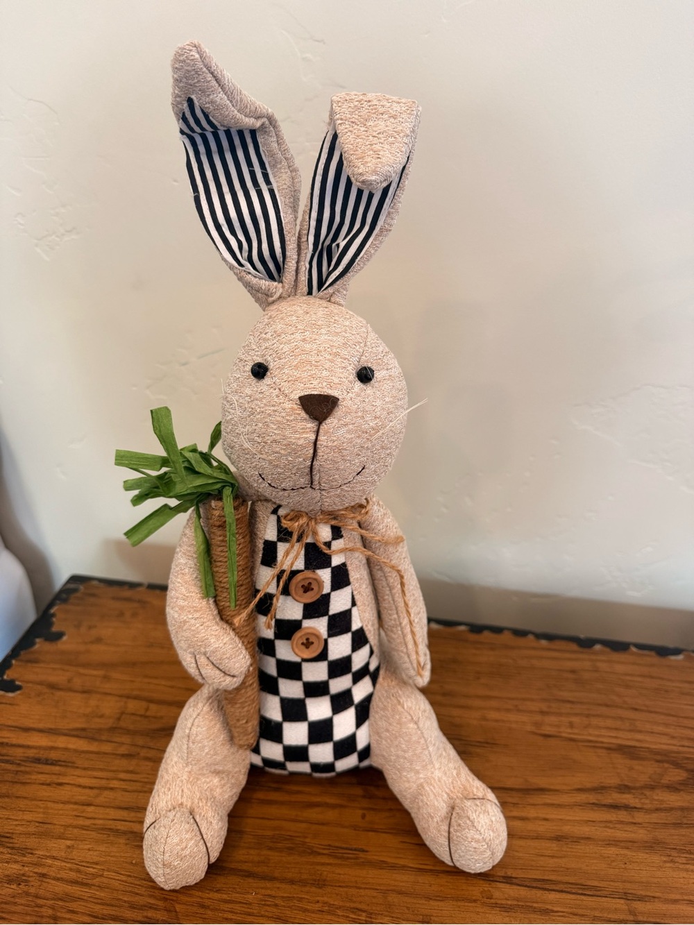 Beige Bunny Plush with Black & White Checkered Belly and Green Carrot